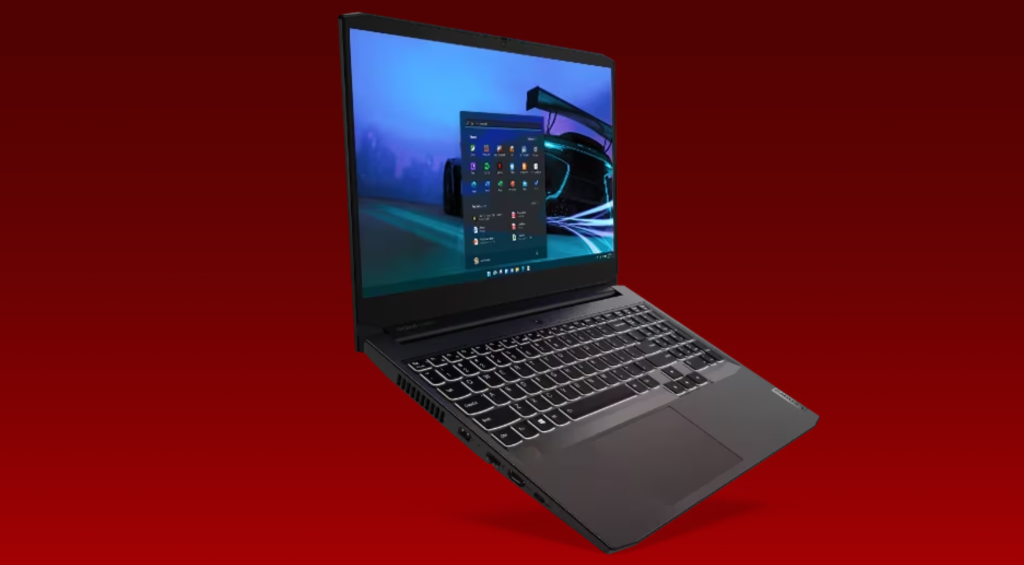 Lenovo IdeaPad Gaming 3 front view, showing the sleek design and backlit keyboard.