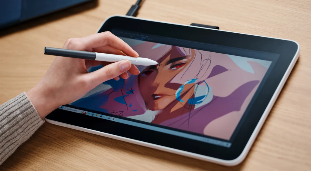 Wacom One tablet showcasing key highlights: 13.3" HD screen, battery-free pen, and device compatibility.