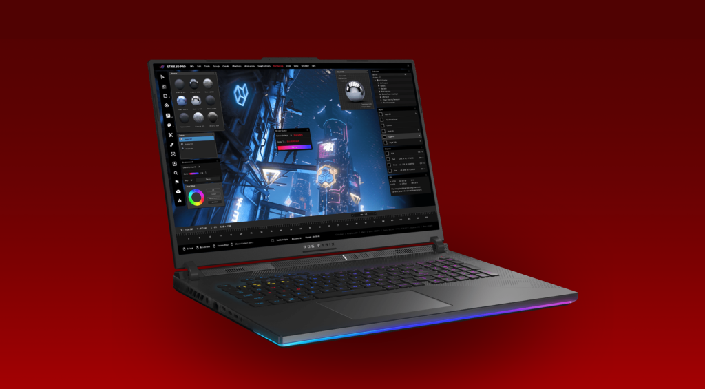 ROG Strix Scar 18 gaming laptop, featuring an 18-inch display and RGB keyboard.