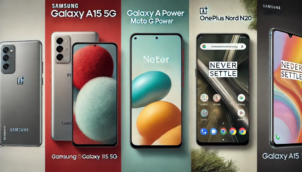 Collage photo of the Samsung Galaxy A15 5G, Moto G Power and OnePlus Nord N200. 