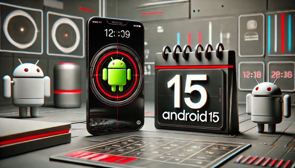 A sleek smartphone showing the Android 15 logo with a countdown.