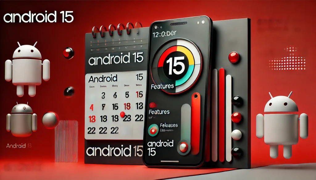 A futuristic phone interface showcasing Android 15 features, with a calendar highlighting the release date.