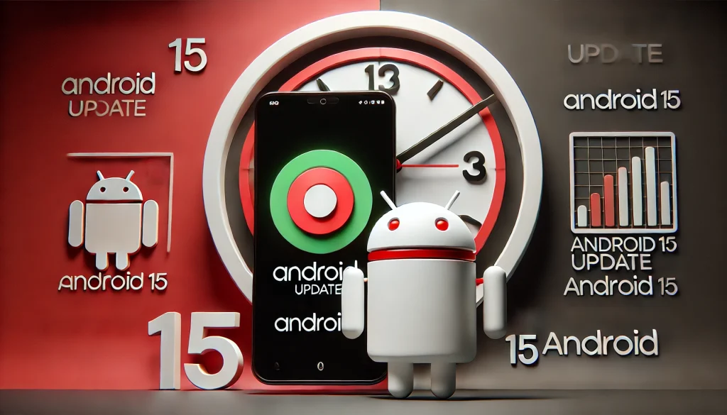 An Android robot icon next to a smartphone showing the Android 15 update notification.