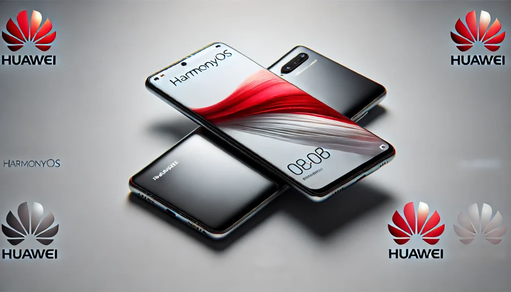 A smartphone showing the HarmonyOS interface with Huawei branding, symbolizing the shift to its ecosystem.