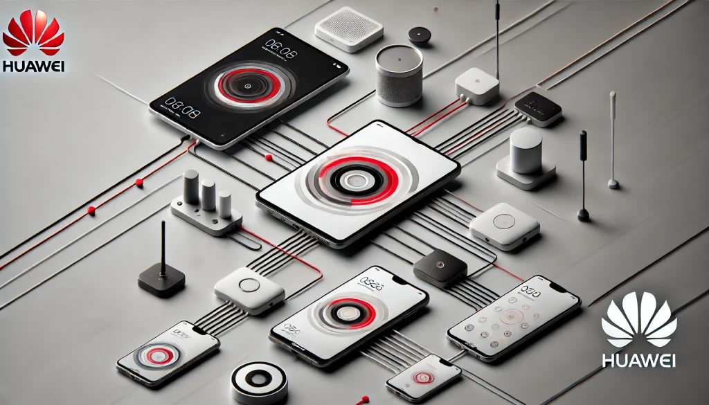 An illustration of interconnected devices running HarmonyOS, highlighting integration across Huawei smartphones and tablets.