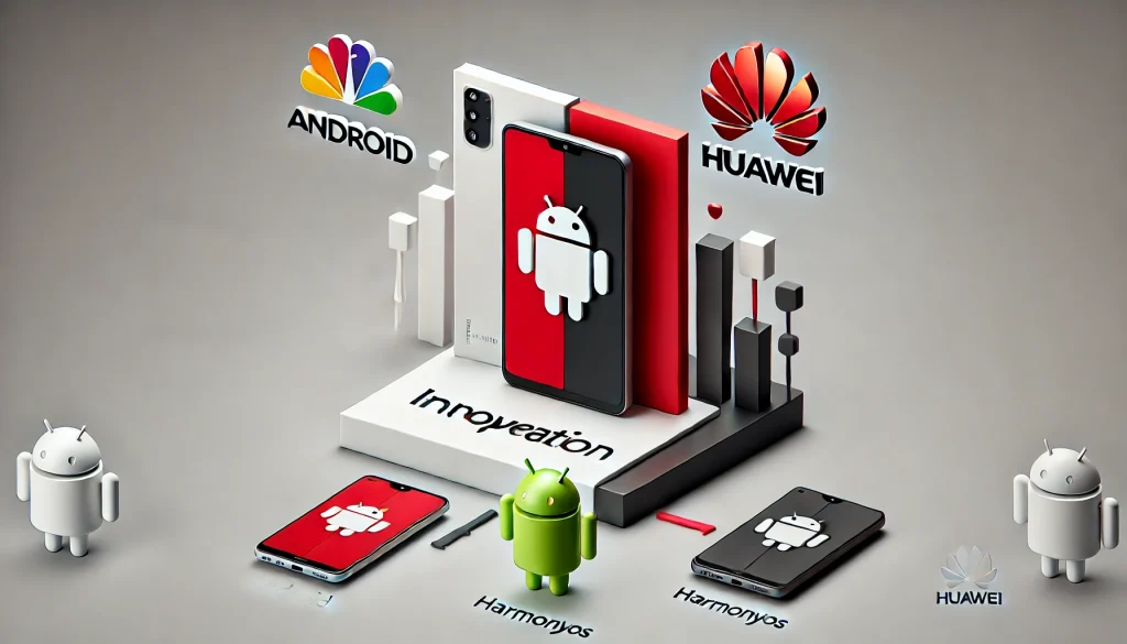 
A comparison of Android and HarmonyOS, featuring Huawei's logo and devices transitioning to its ecosystem.