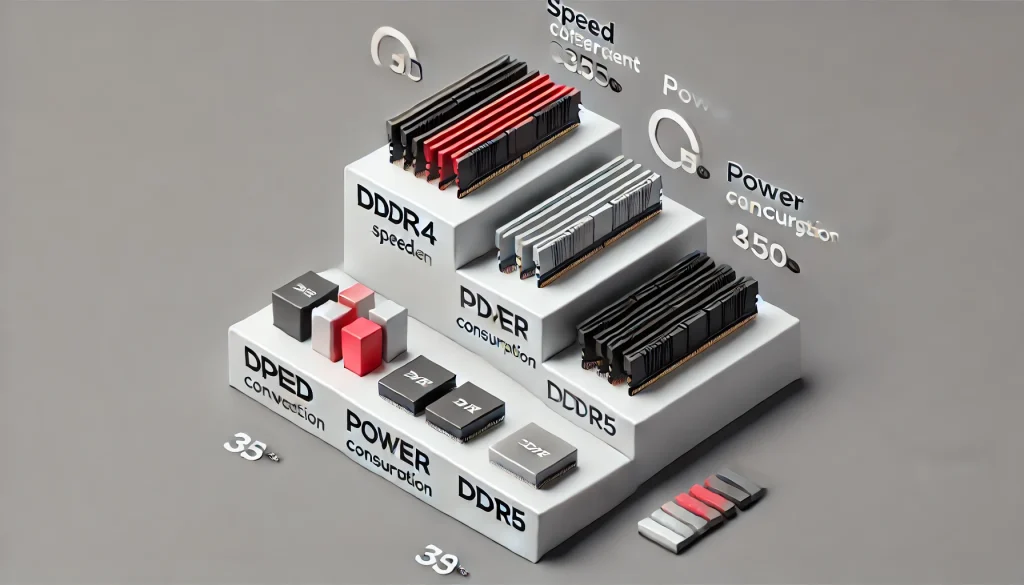 Table showing key differences between DDR4 and DDR5 RAM, focusing on speed and power consumption.