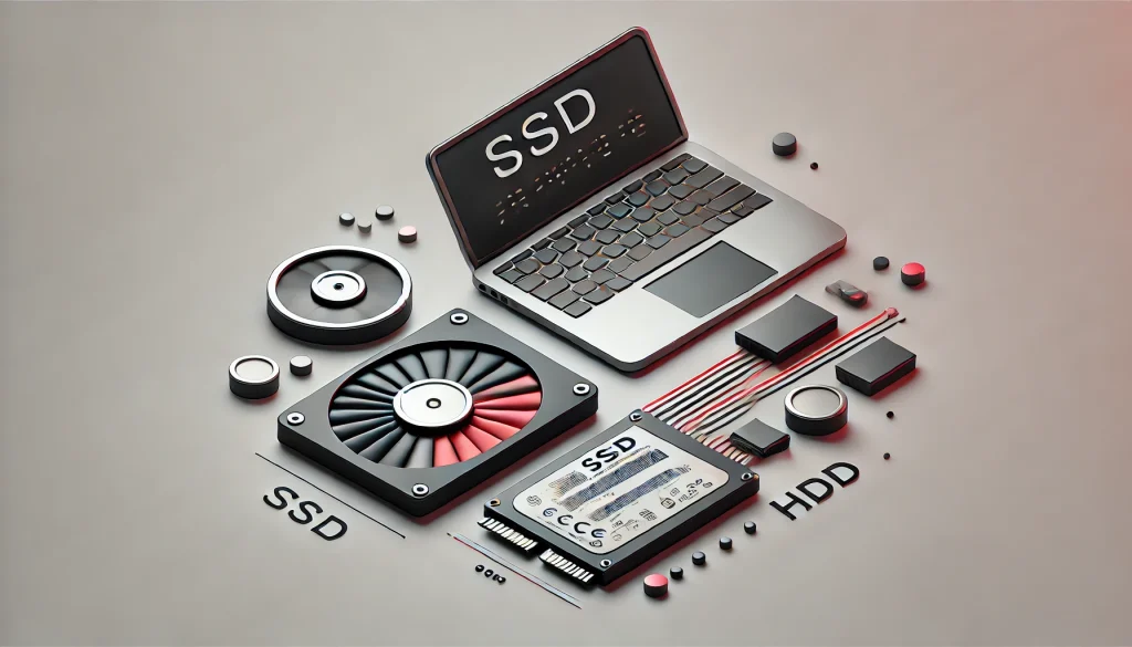 SSD vs HDD drives next to a laptop, representing comparison of their use in computing.