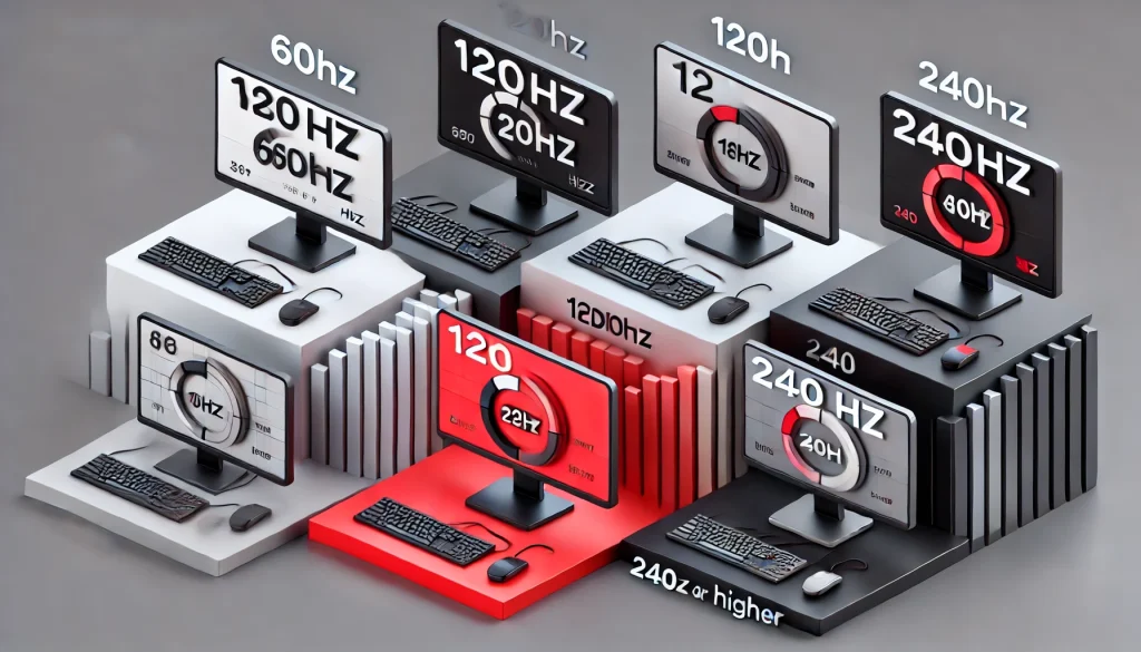 Illustration of different monitor refresh rates for various uses.