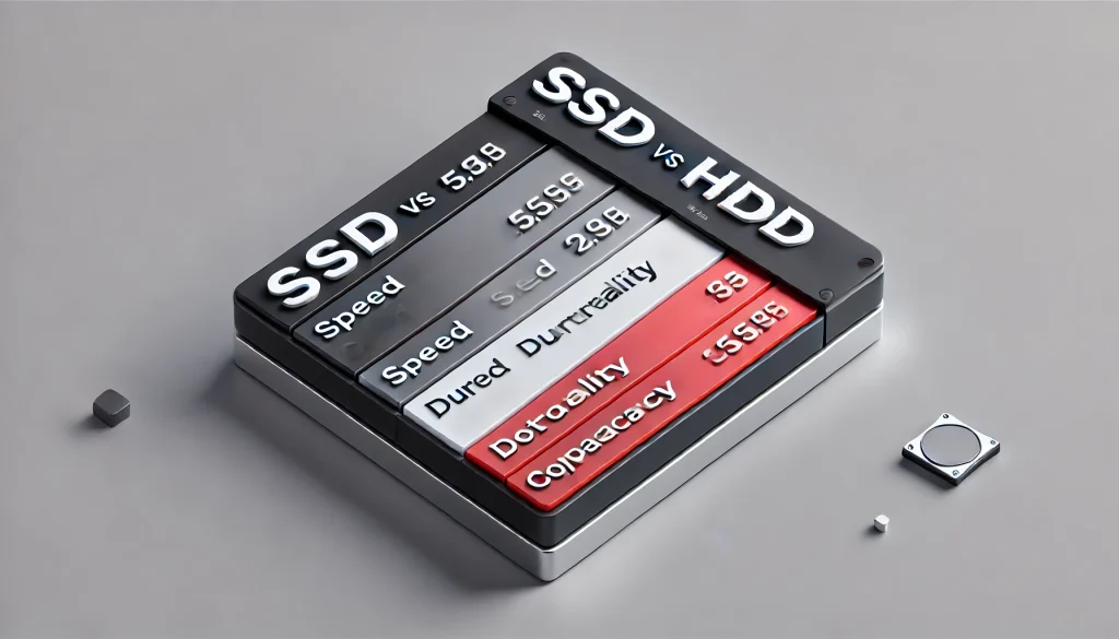 Comparison table of SSD and HDD differences, highlighting speed, durability, and storage capacity.