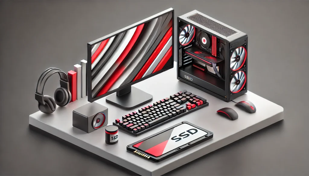 Gaming setup with an SSD drive, showcasing the benefits of SSDs for fast load times.