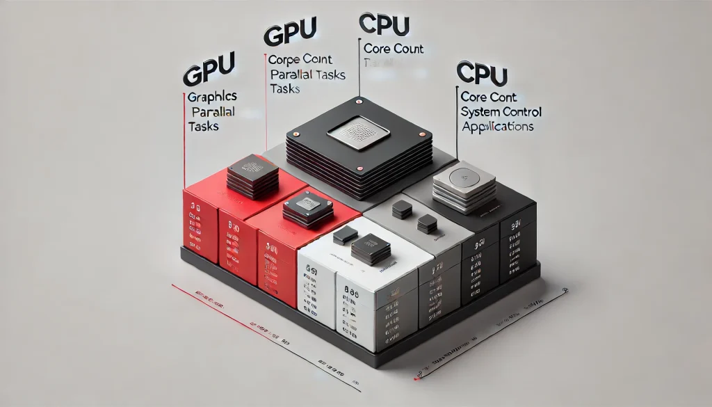 Table comparing GPU and CPU in terms of purpose, core count, and applications.