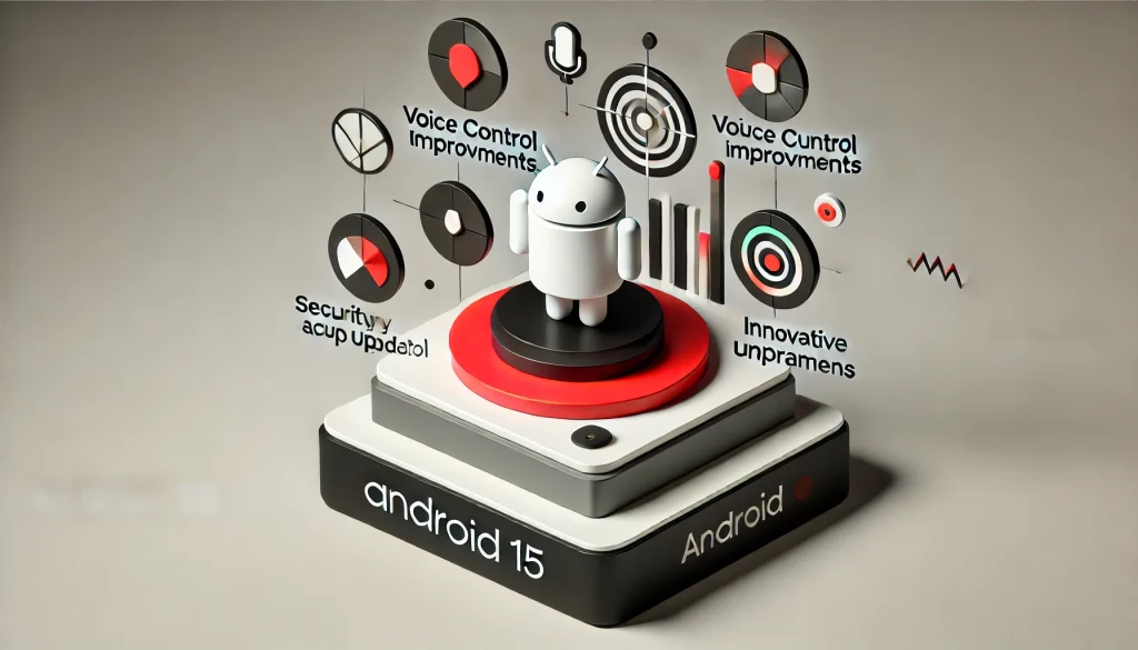 Visual representation of Android 15’s updated design, voice control improvements, security updates, and innovative app enhancements.