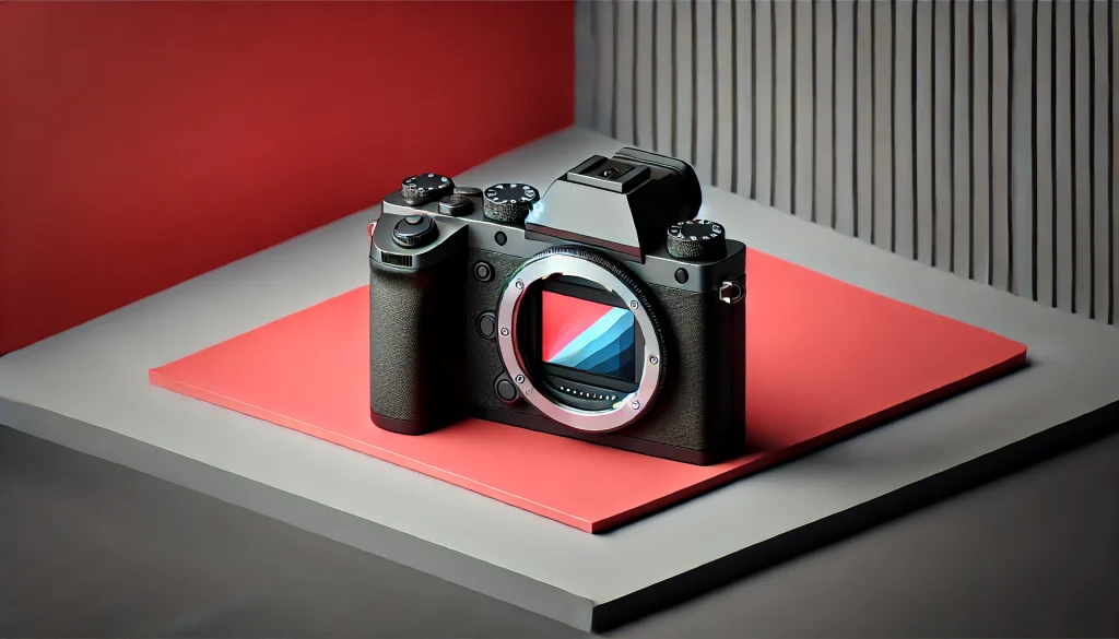 Mirrorless camera with electronic viewfinder showing real-time preview.