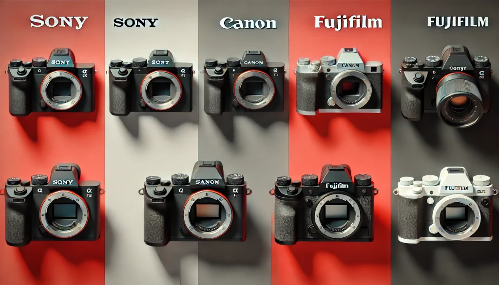 Comparison of mirrorless cameras from Sony, Canon, and Fujifilm.