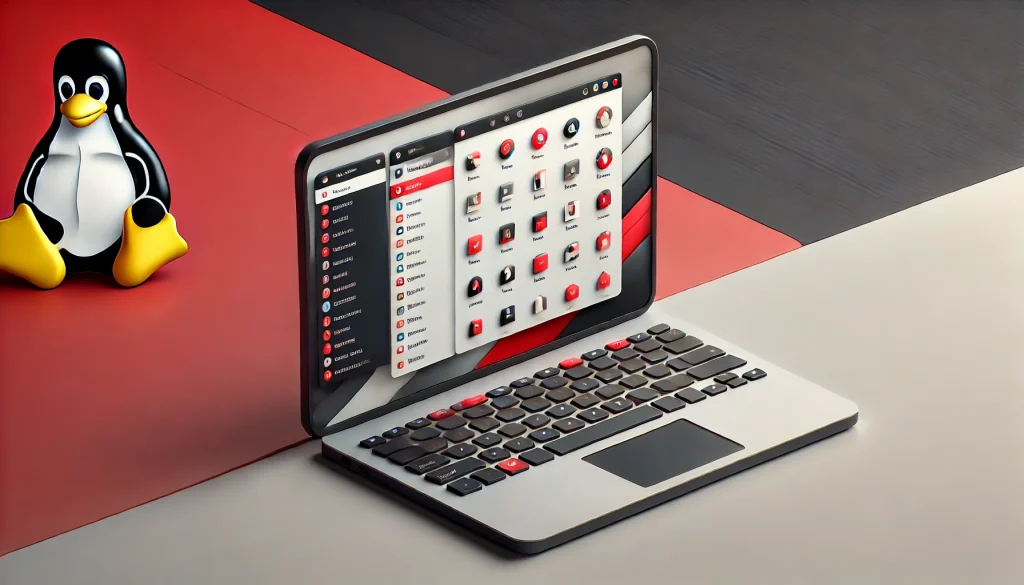A laptop running a Linux desktop environment, featuring a clean interface with vibrant icons and tools.