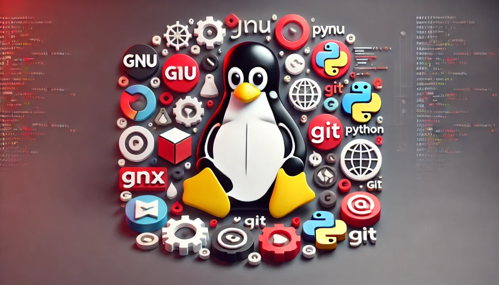 Illustration of the Linux penguin mascot surrounded by various open-source software logos and programming symbols.