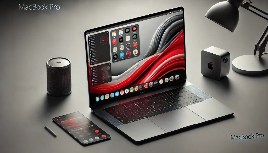 A sleek MacBook Pro on a desk with macOS Ventura interface, showcasing its smooth multitasking features.