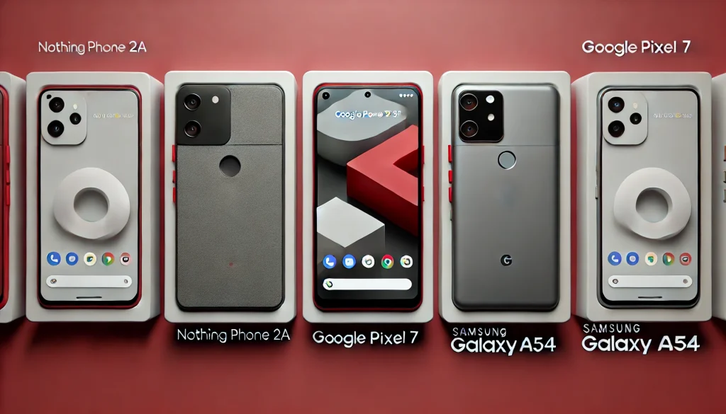 Collage Photos of  Nothing Phone 2A, Google Pixel 7 and the Samsung Galaxy A54.