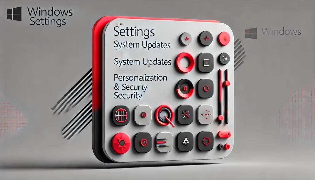 Illustration of Windows settings menu, highlighting system updates, personalization, and security features.