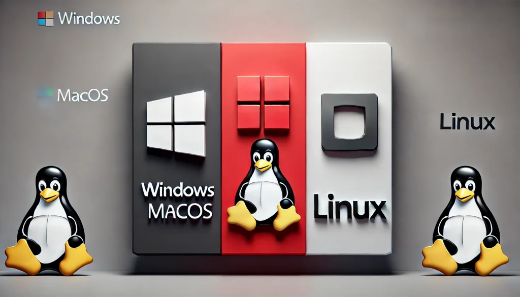 A side-by-side comparison of Windows, macOS, and Linux logos, showcasing popular operating systems.