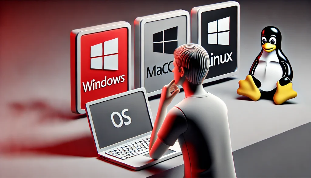  A user contemplating between Windows, macOS, and Linux on a laptop, highlighting OS options.