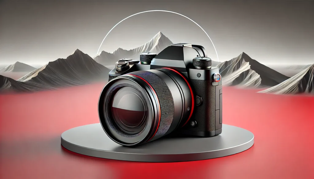 A sleek DSLR camera with interchangeable lenses, perfect for professional photographers in stunning landscapes.