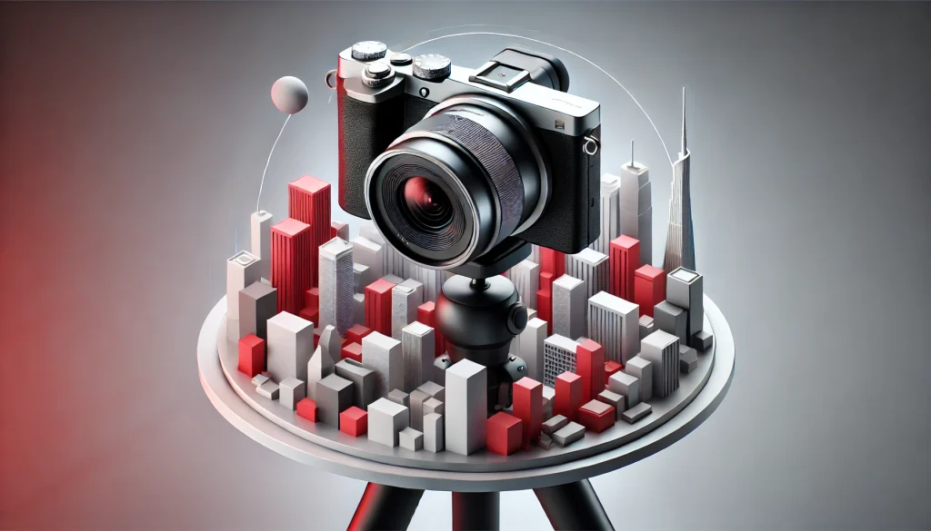 Compact mirrorless camera on a tripod, capturing vibrant cityscapes with impressive clarity and vivid detail.