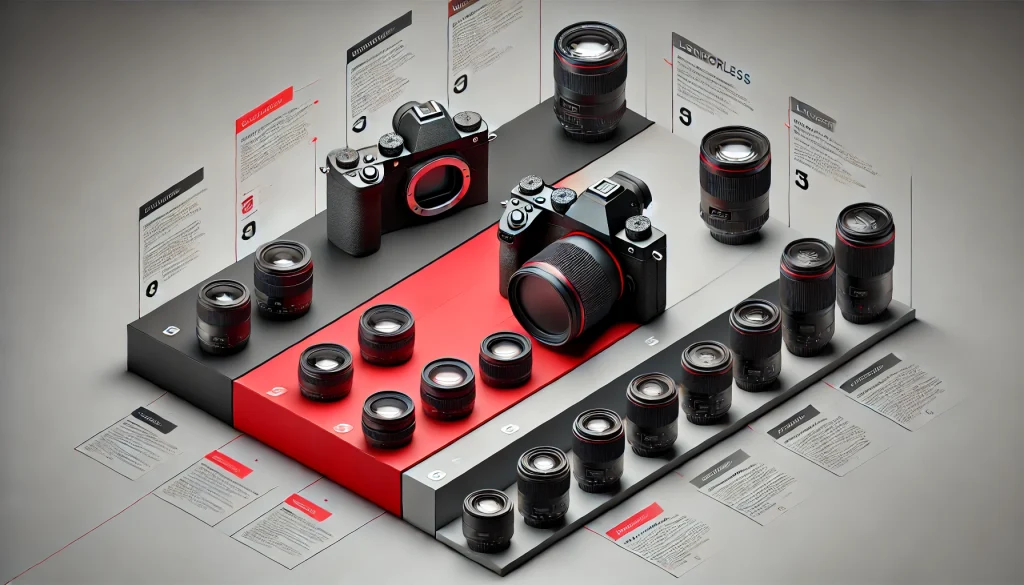 A side-by-side comparison of mirrorless and DSLR cameras with lens options and feature highlights.