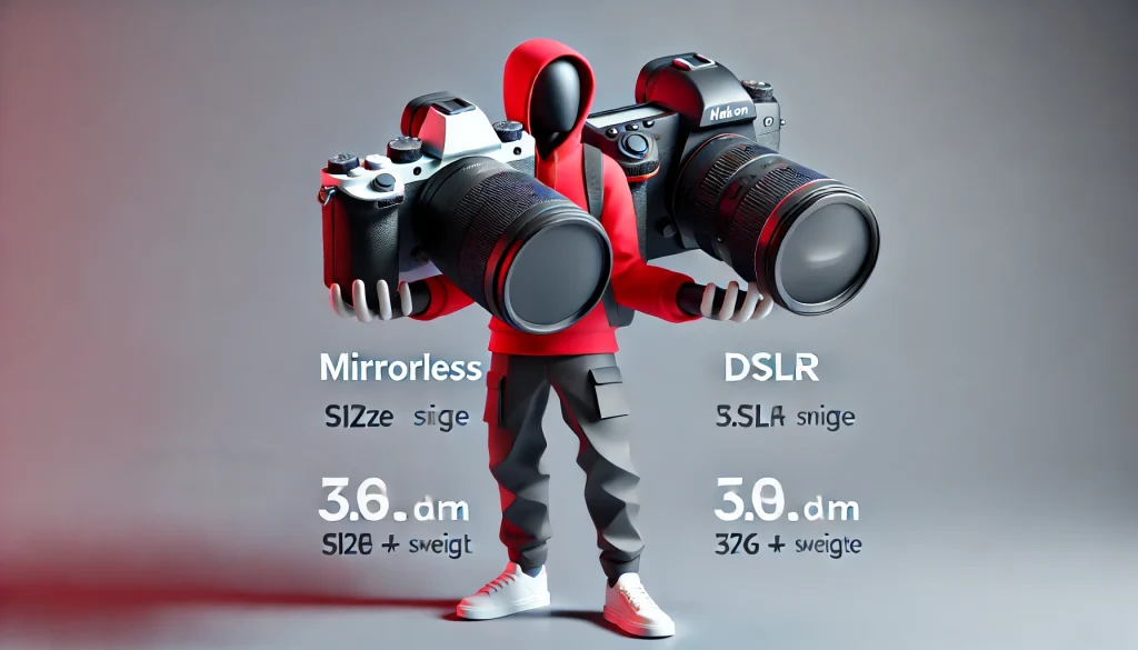 A photographer holding both mirrorless and DSLR cameras, showcasing their size, weight, and features.