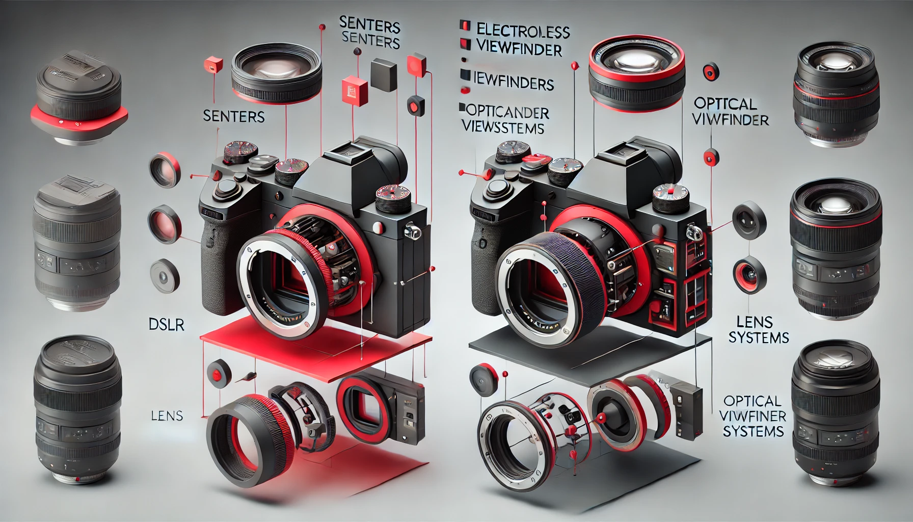 A visual breakdown of mirrorless and DSLR camera components, comparing sensors, viewfinders, and lens systems.