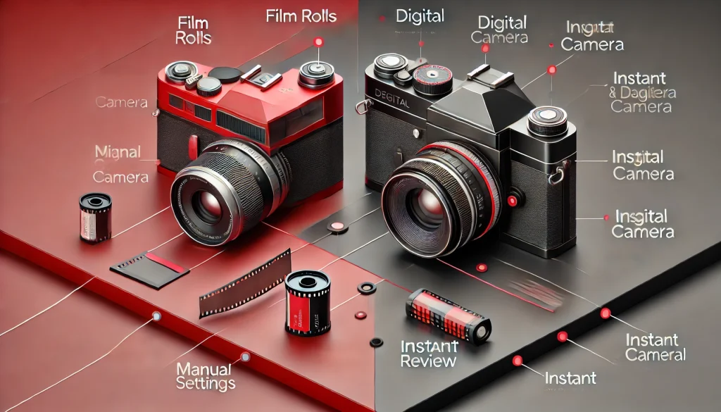  A side-by-side comparison of film and digital cameras, highlighting their different features and characteristics.