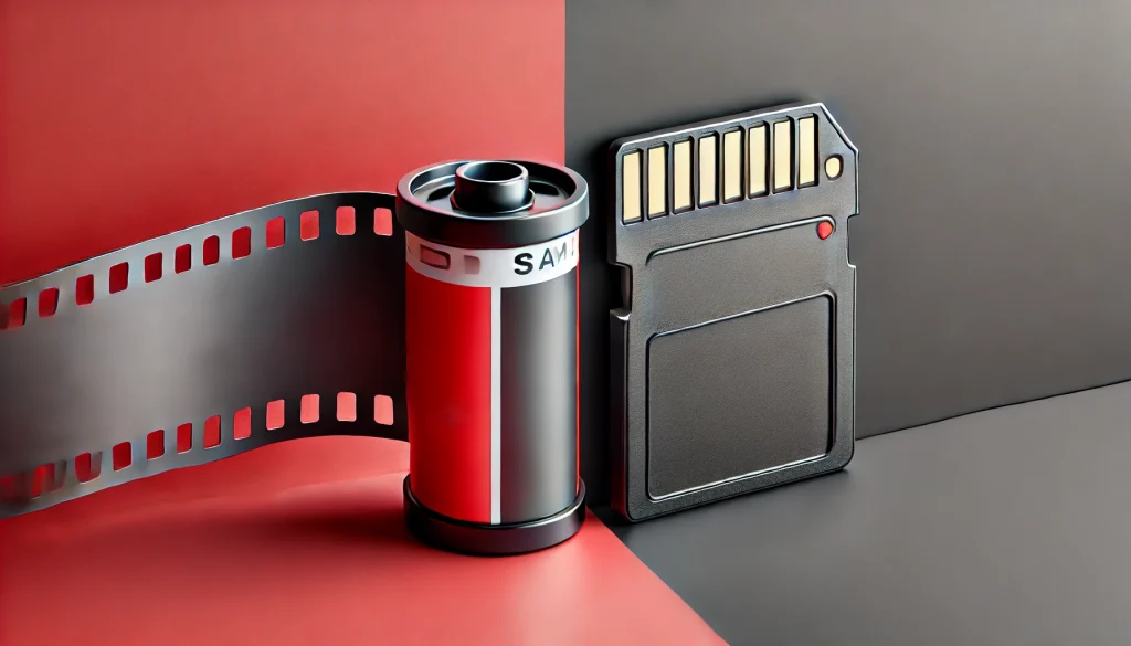 A split image showing a film roll and a memory card, representing analog versus digital photography.