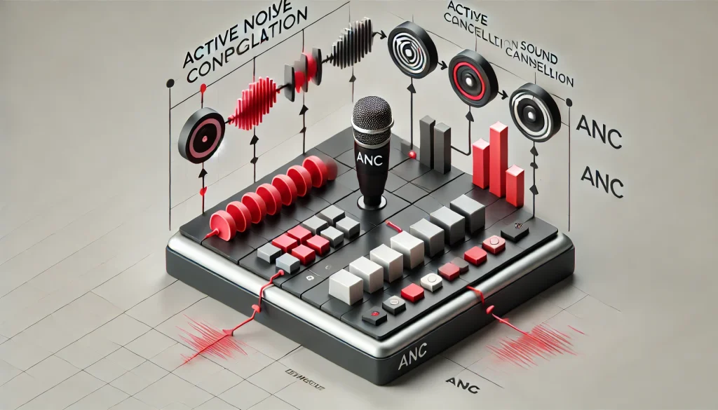 Diagram explaining how Active Noise Cancellation detects and cancels soundwaves.