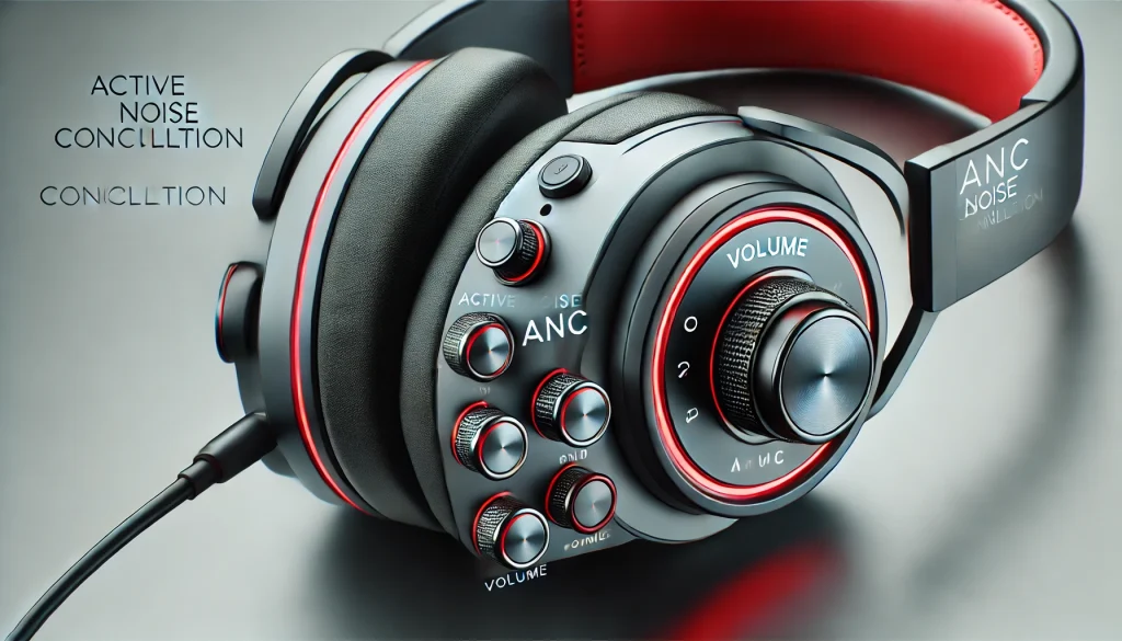 A close-up of ANC headphones showing control buttons for adjusting noise cancellation levels.