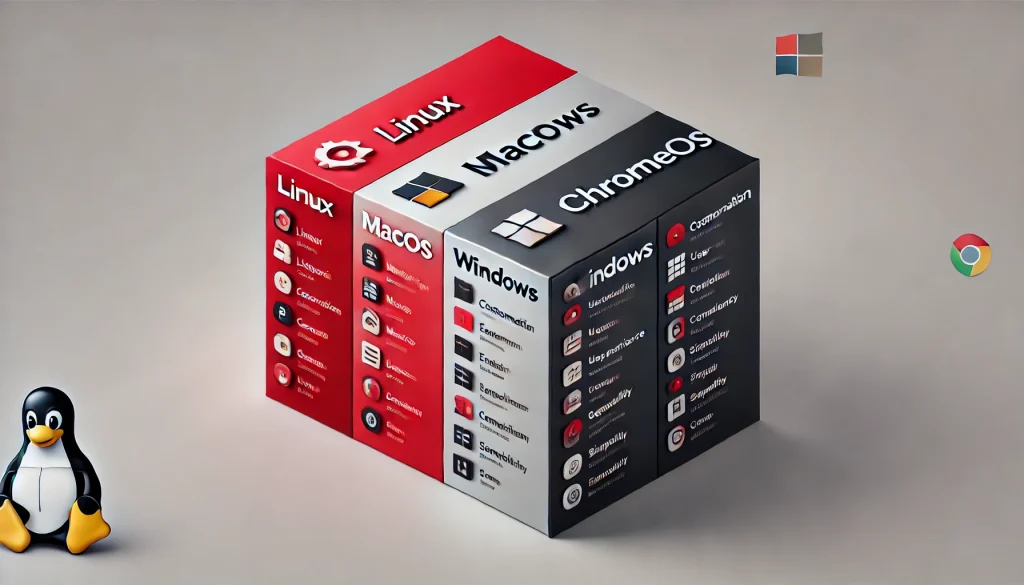 A comparison chart of popular operating systems, highlighting key features of Linux, macOS, Windows, and ChromeOS.