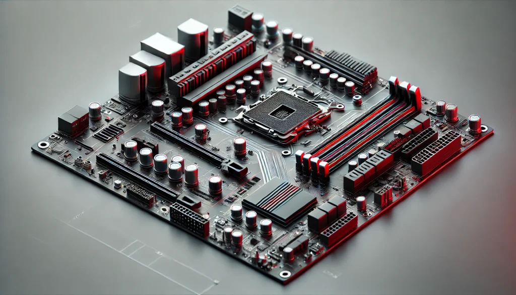  A high-resolution close-up of a modern motherboard showcasing its intricate circuitry, ports, and components.