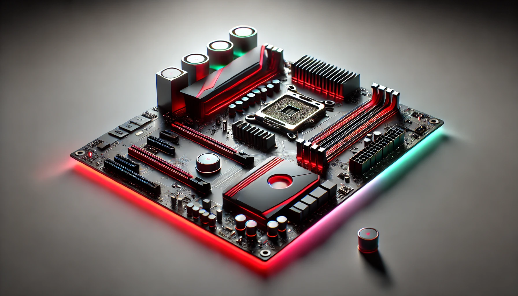 A sleek gaming motherboard illuminated by RGB lighting, emphasizing slots for RAM, GPU, and CPU.