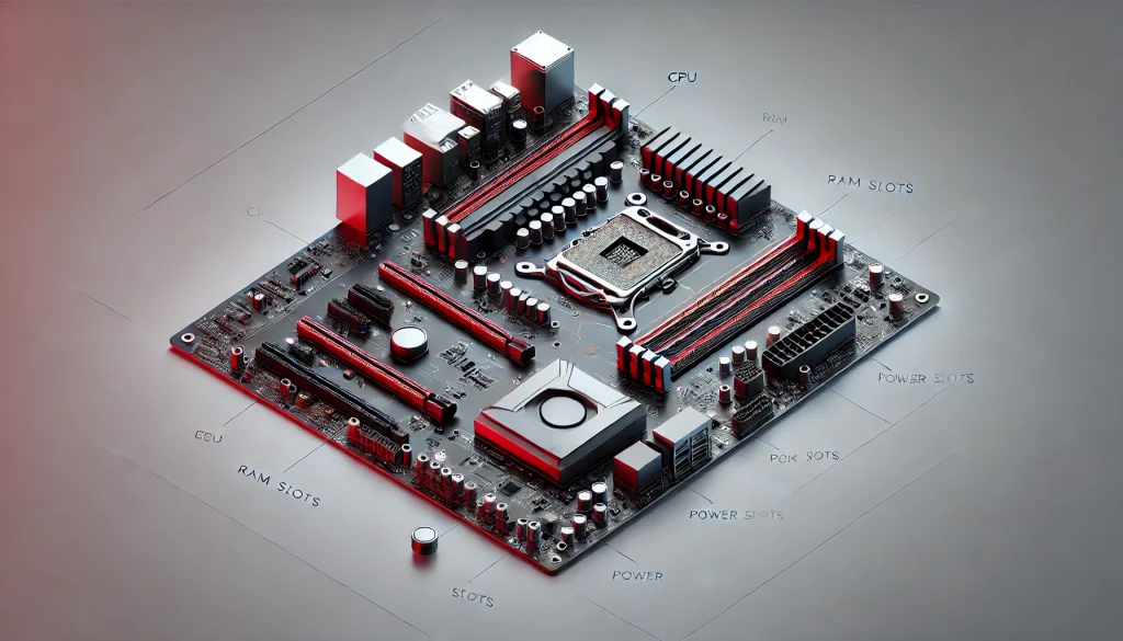 A detailed top-down view of a motherboard inside a desktop PC, with labeled parts and connectors.