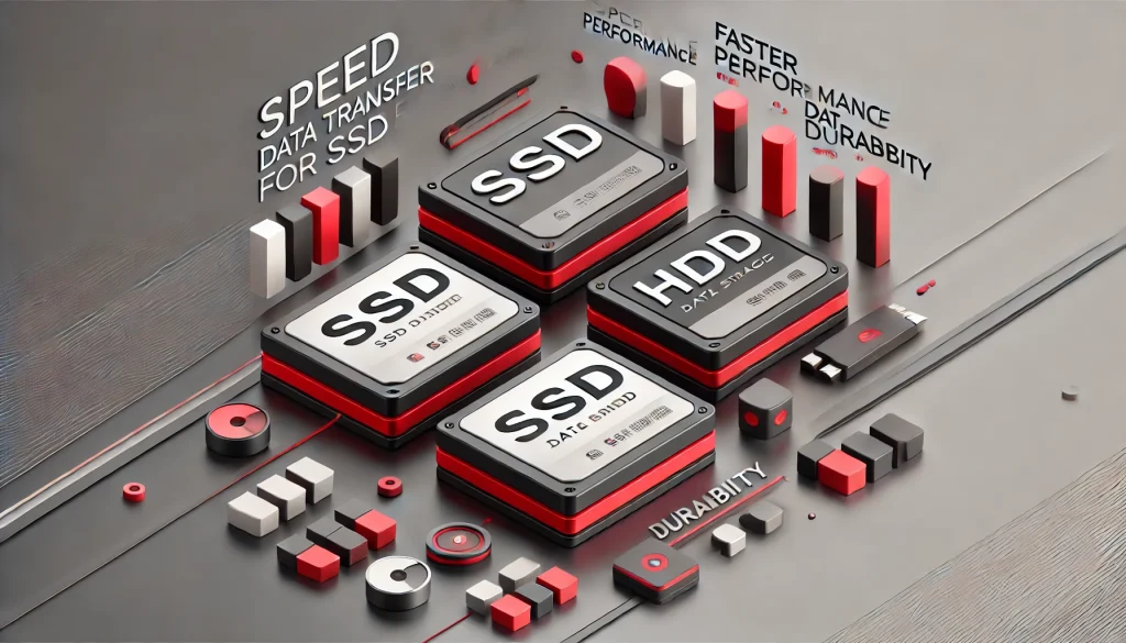 Comparison between SSD and HDD storage, highlighting speed, performance, durability, and data transfer efficiency.