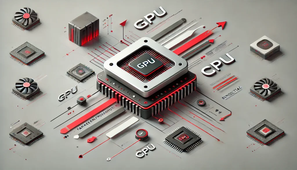  Illustration comparing GPU and CPU, showcasing differences in processing power, speed, and multitasking capabilities.