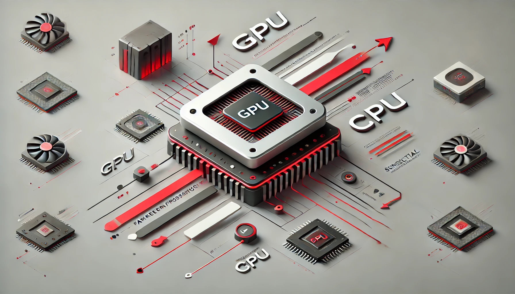 Illustration comparing GPU and CPU, showcasing differences in processing power, speed, and multitasking capabilities.