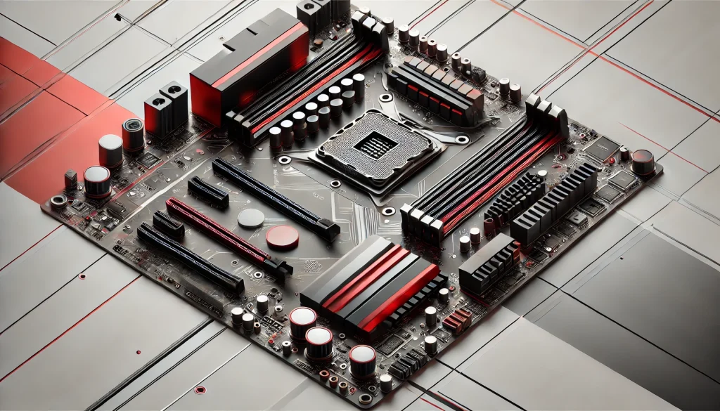 A detailed view of a motherboard showing components like CPU socket, RAM slots, and connectors.