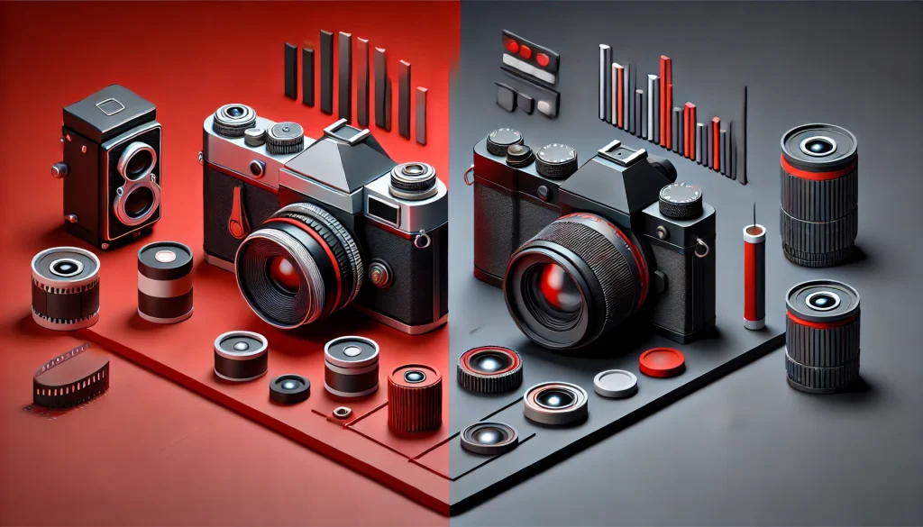 A split-image showing film and digital cameras, highlighting key differences in style and image quality.