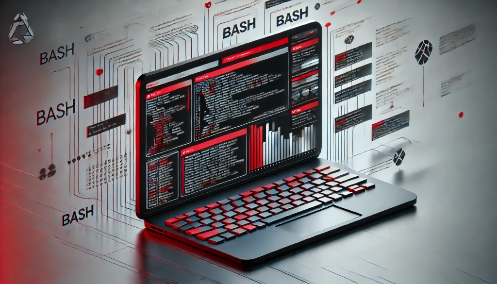 Laptop screen filled with Bash commands and output, illustrating powerful scripting capabilities for automation.