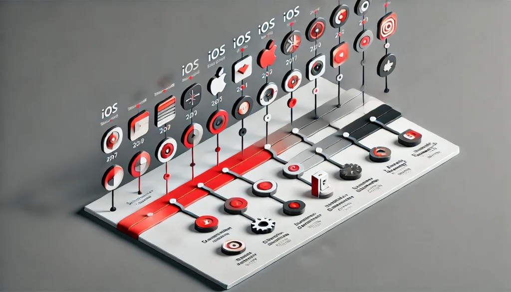 A timeline illustration showcasing the evolution of iOS from its launch to the latest updates.