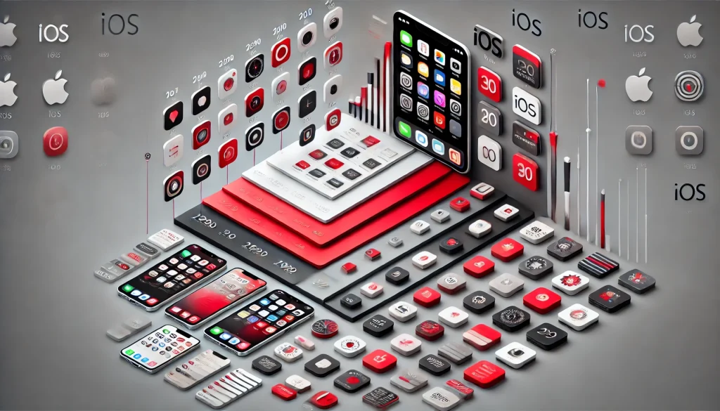 Visual comparison of iOS versions, highlighting major design changes and feature additions over the years.