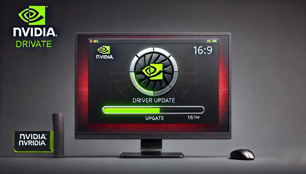 A computer screen displaying an NVIDIA driver update process with progress bar and green NVIDIA logo.