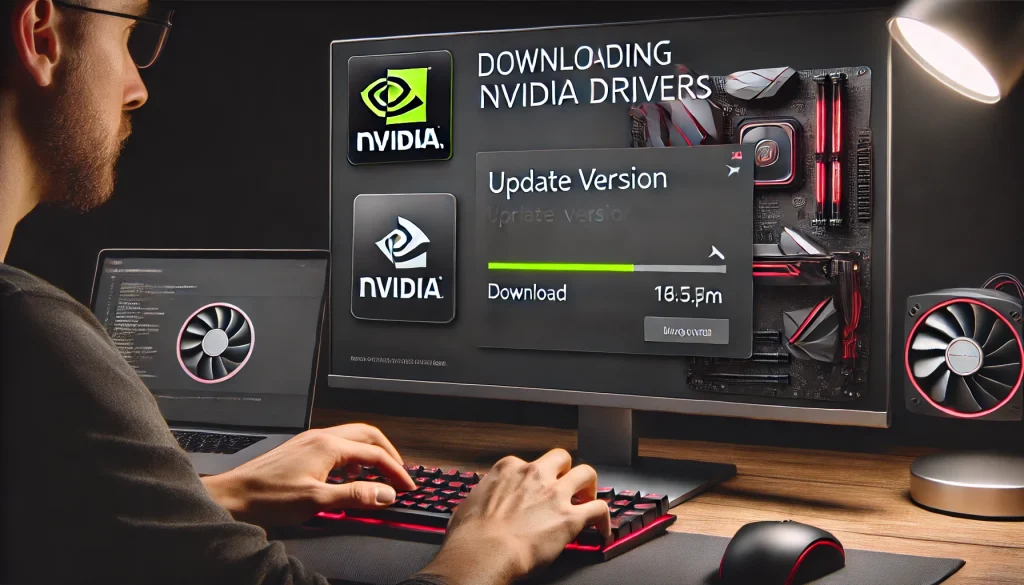 A user downloading the latest NVIDIA drivers on a desktop, showing update details and version number.