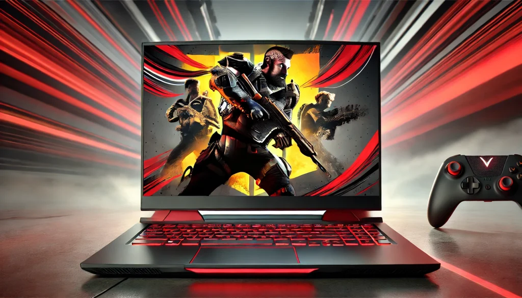 Gaming laptop showing a high-action game on a screen with smooth graphics.